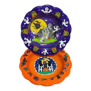 2 Vintage 90s Halloween Candy Bowls Trick or Treat Haunted House Black Cats